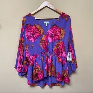 Sofia Jeans Womens Floral Ruched Blouse Top 3XL Accordion Sleeves V Neck NEW NWT